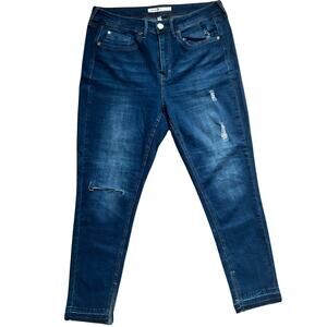 Seven7 High Rise Skinny Dark Wash Distressed Jeans Slit Ankle Raw Hem size 14W